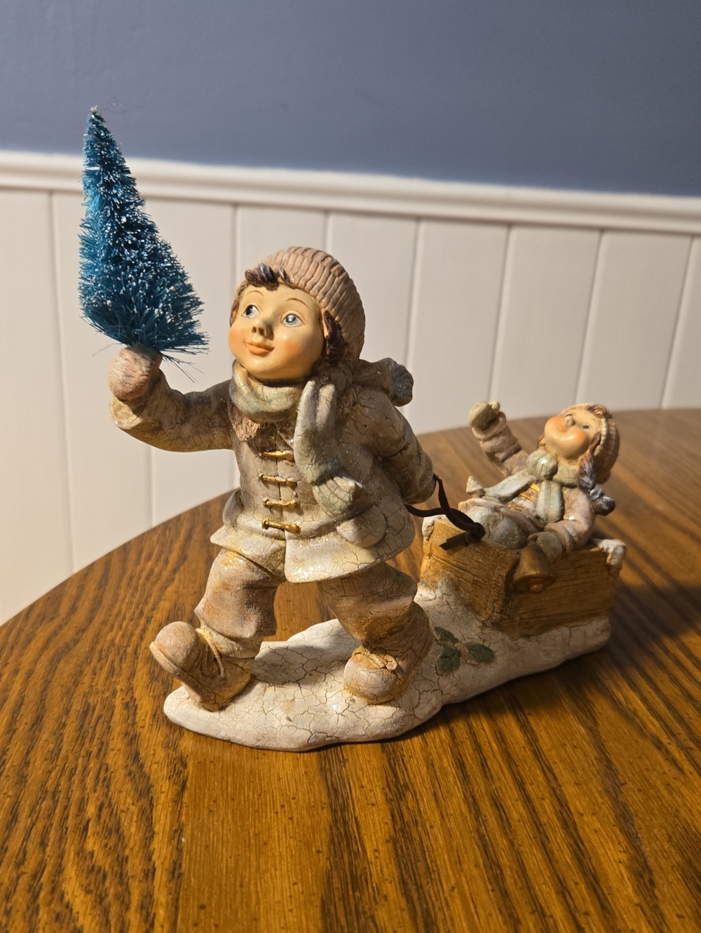 Kids Playing, Pulling A Sled. Crackle Finish Vintage Rope To Sled Be Glued On.